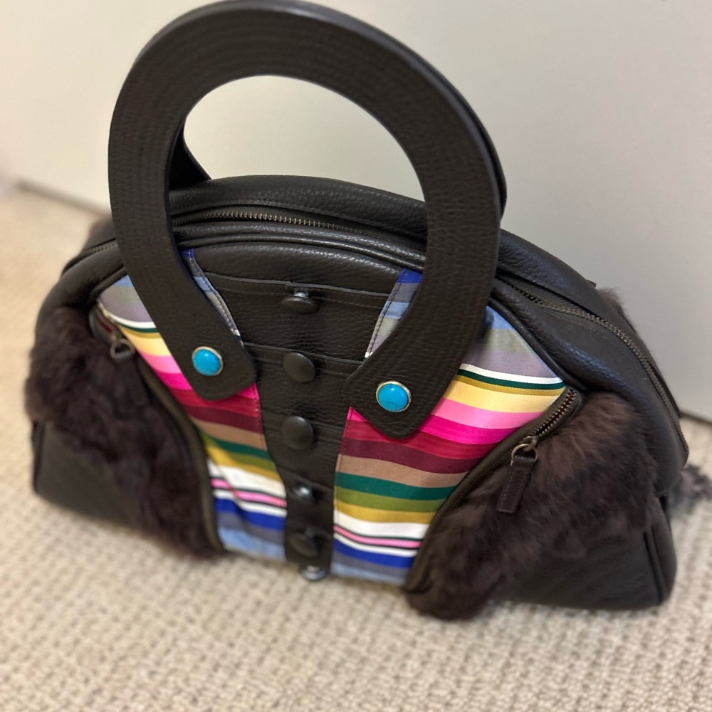 SHANGHAI TANG brown Leather multi color silk Bowling Bag statement Purse Y2K